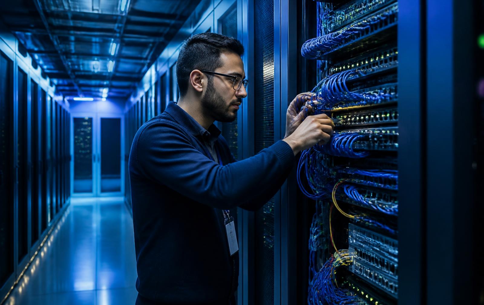 Técnico da Zelusnet organizando cabos de rede em rack de servidores em data center corporativo